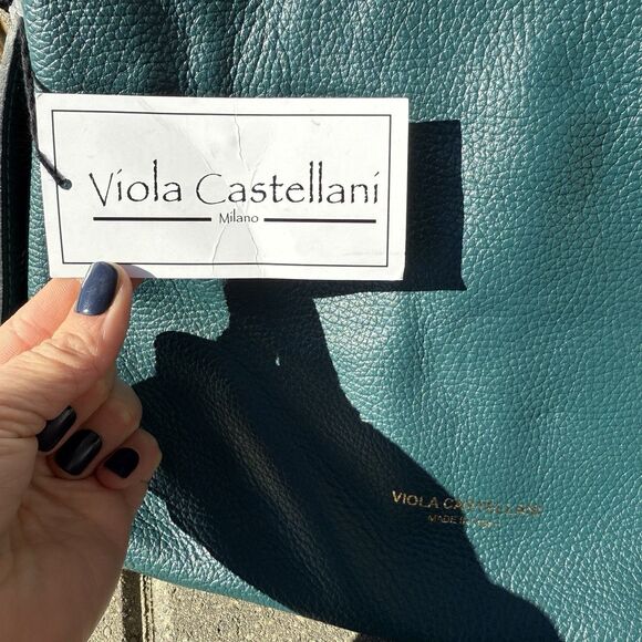 Viola Castellani Italian Leather Dark Teal Purse Large Gold Chain Crossbody NWT - Picture 6 of 16